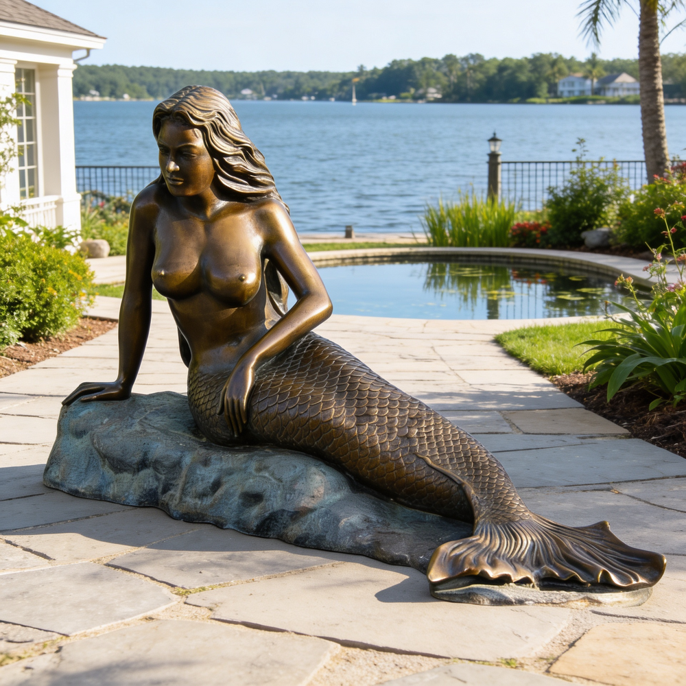 Bronze mermaid statue on a patio with a lake and house in the background