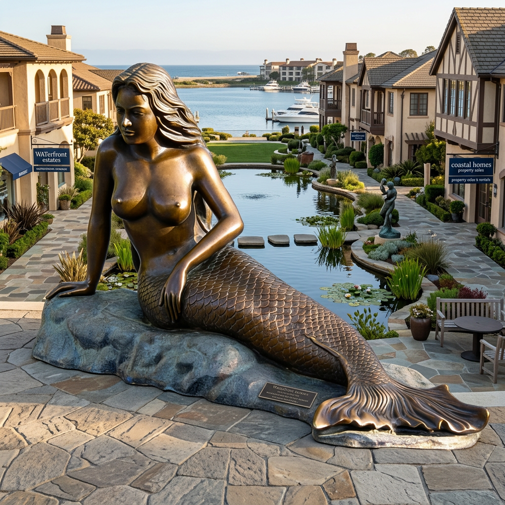 Bronze mermaid statue in a waterfront residential area with houses and water in the background.