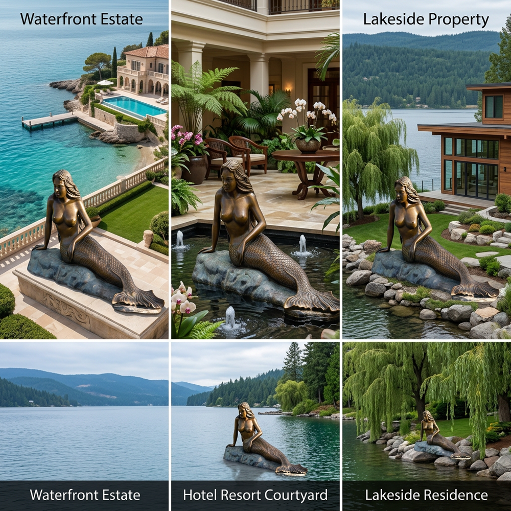 Collage of waterfront, hotel resort, and lakeside property scenes with mermaid statues.