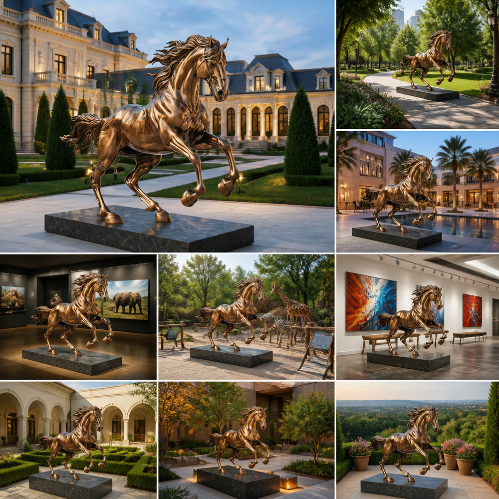 Collage of a bronze horse sculpture in various settings including a garden, courtyard, and indoor gallery.