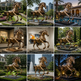 Collage of a bronze horse sculpture in various settings including gardens, cityscapes, and museums.