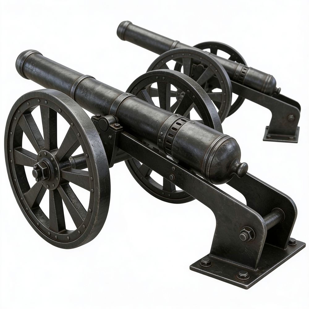 Model of a cannon on wheels with a white background
