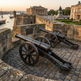 Two cannons on a stone wall with a historic building and waterfront in the background.
Metal cannon artwork with traditional spoked wheel base