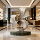 Modern sculpture in a luxurious interior setting with marble floor and elegant decor.