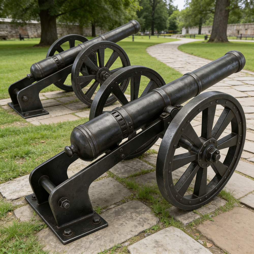 Two black cannons on wheels in a park setting with green grass and 
trees.
Cannon statue with cylindrical barrel and carriage wheels