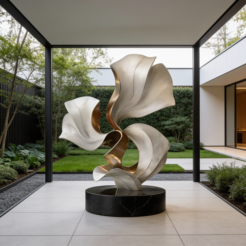 Modern sculpture in a garden setting with a house in the background