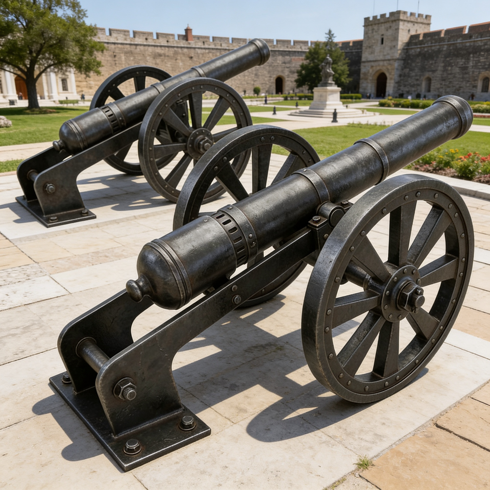 Two historical cannons on wheels in front of a castle-like building.
Realistic metal cannon sculpture for outdoor installation