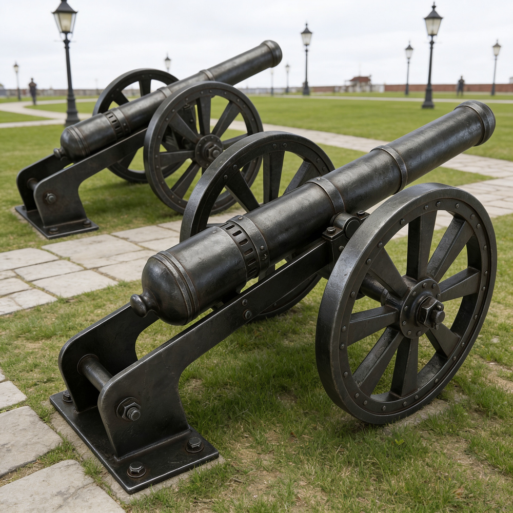 Two historical cannons on wheels in an outdoor setting with grass and pathways.
Historic‑style cannon artwork crafted in dark metal.