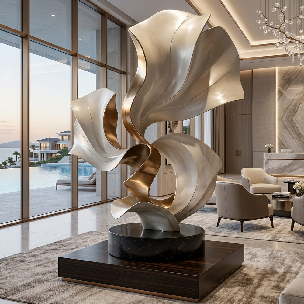 Modern interior with a large abstract sculpture in a luxurious room with a pool view.