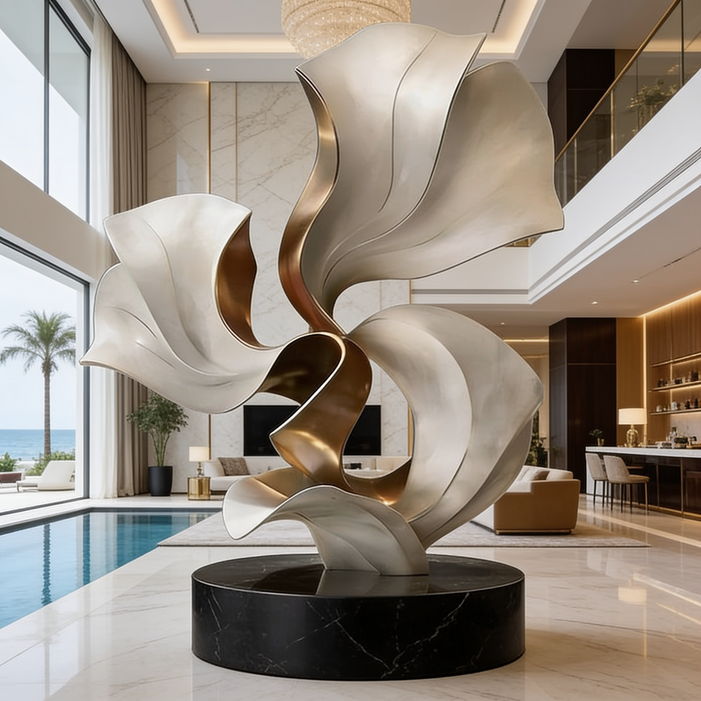 Modern sculpture in a luxurious interior setting with a pool and furniture.