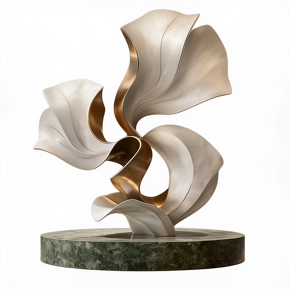 Abstract sculpture with wavy, layered design on a marble base