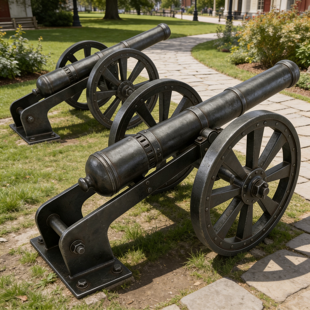 Two black cannons on wheels in a park setting with grass and pathways.
