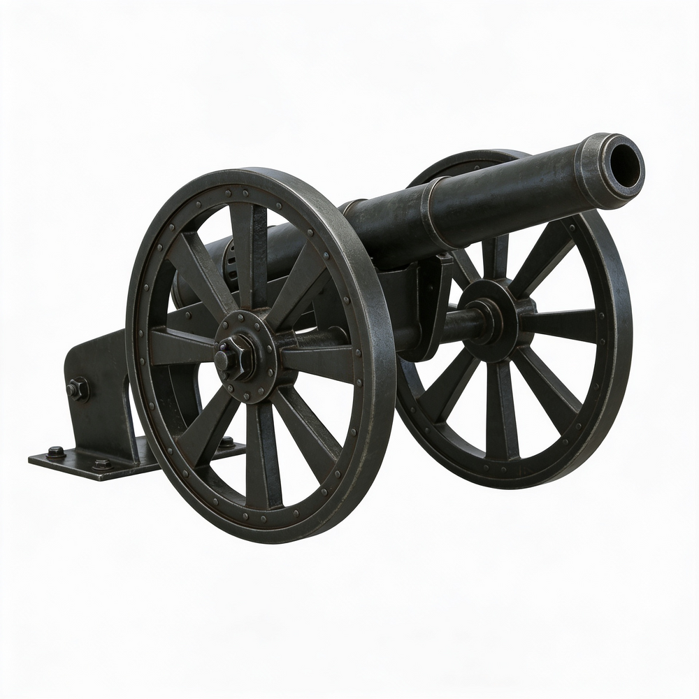 Black cannon with large wheels on a white background
Lifesize historic cannon sculpture on wheeled carriage