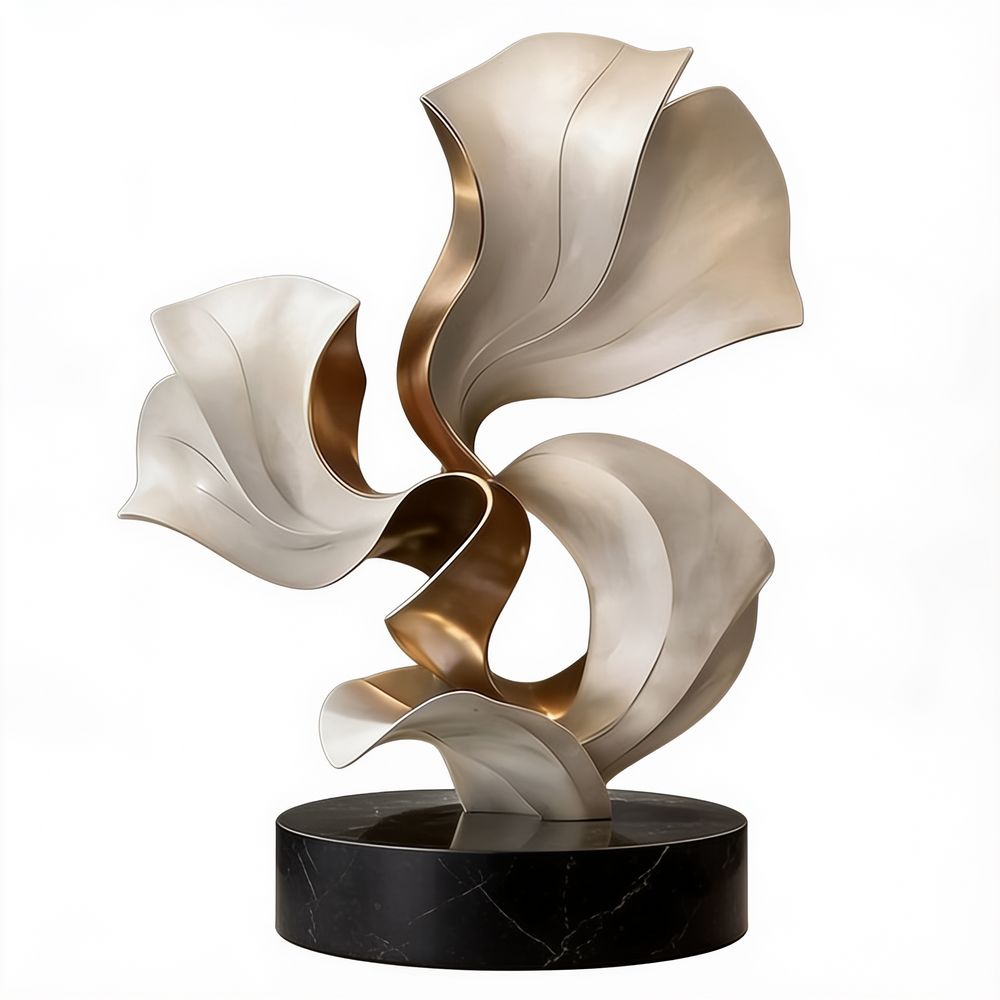Modern sculpture with wavy design on a black base against a white background