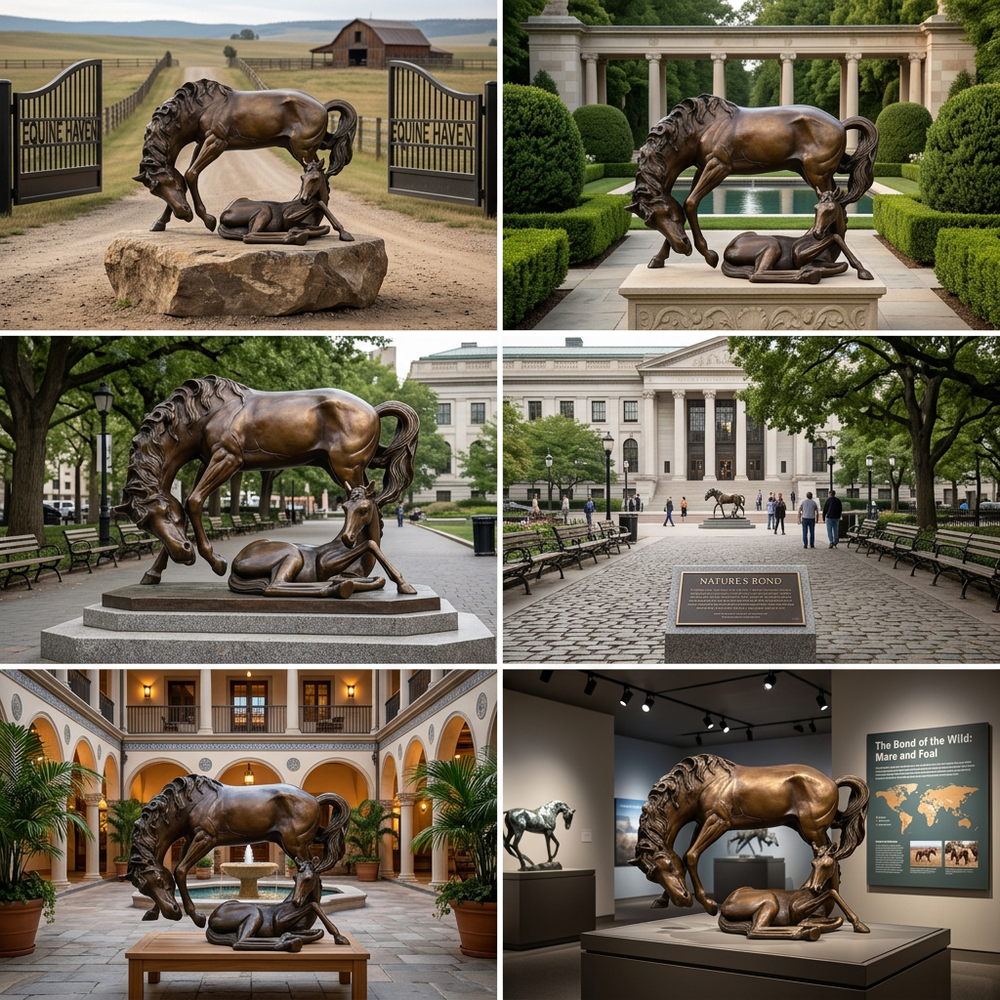 Collage of bronze horse sculptures in various settings including outdoors and indoors.