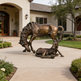 Bronze sculpture of two horses in a garden setting with a house in the background