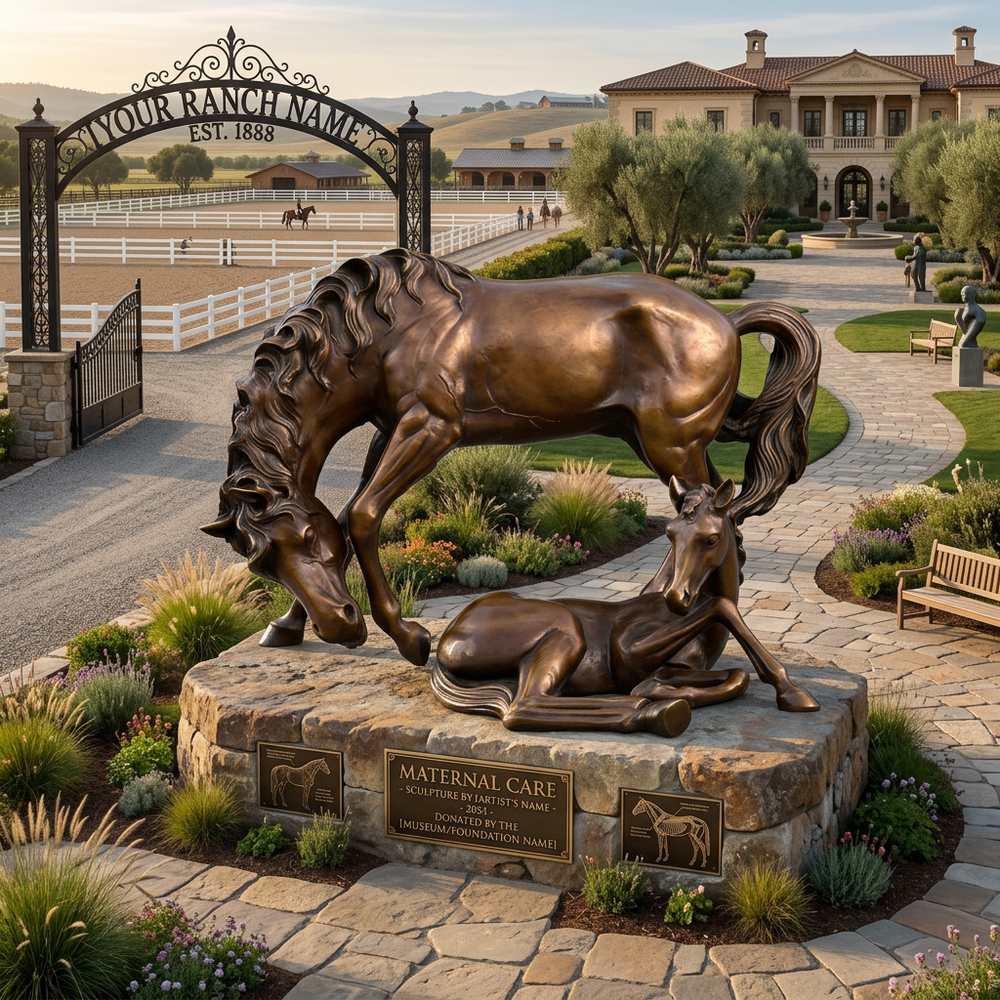 Bronze sculpture of a horse and foal on a stone pedestal in a landscaped area with a building in the background.