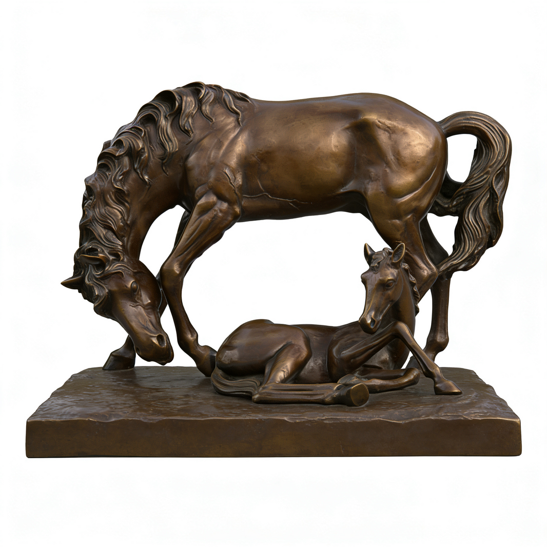 Bronze sculpture of two horses on a white background
