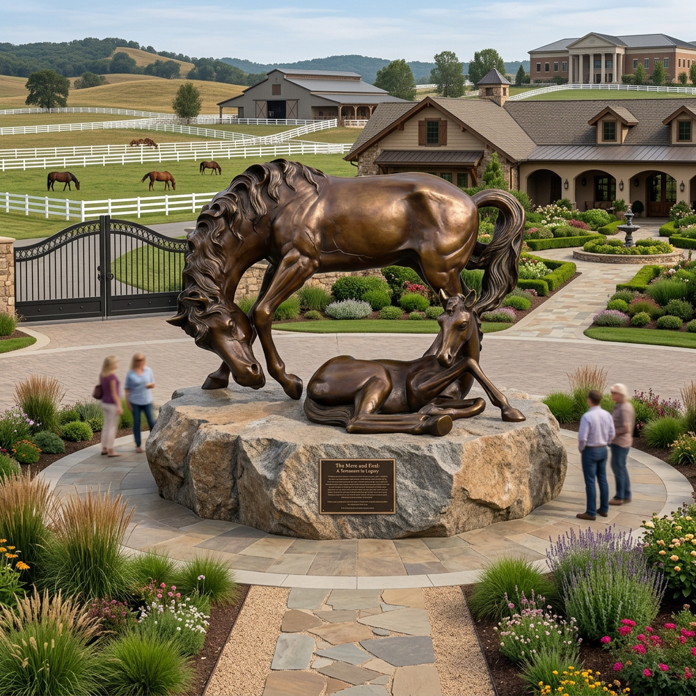 Bronze sculpture of a horse and deer on a stone pedestal in a landscaped garden with buildings in the background.