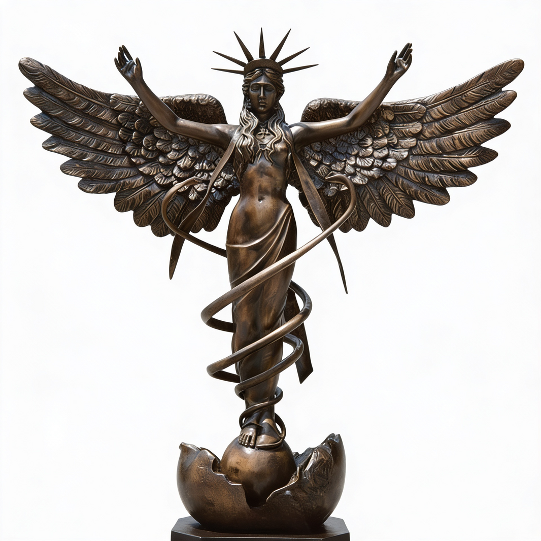 Bronze statue of an angel with outstretched wings on a white background