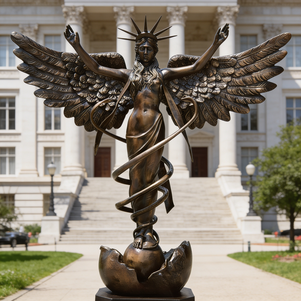 Bronze statue of an angel with wings spread in front of a classical building

Sculpture of a winged female figure emerging from a broken sphere with radiant crown