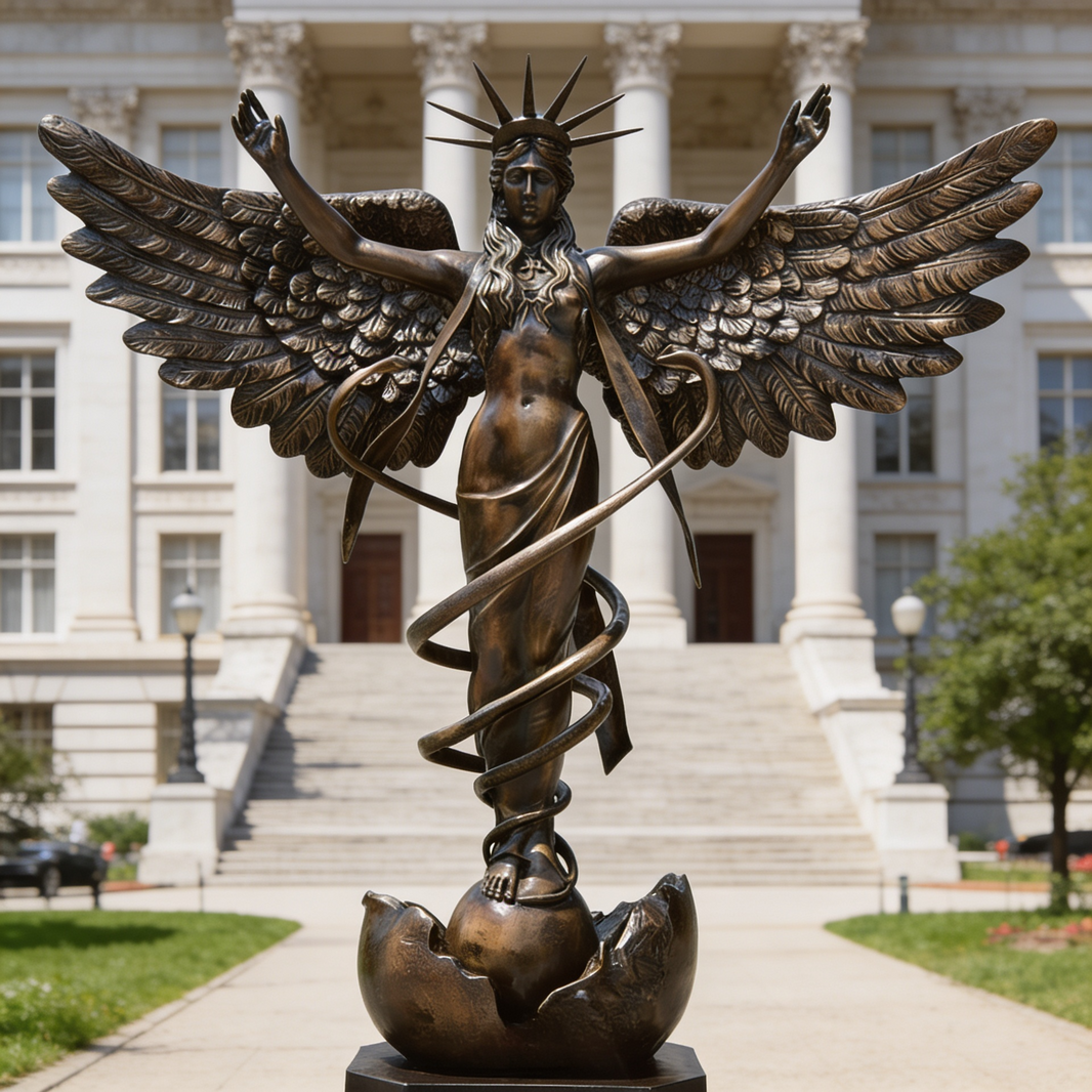 Bronze statue of an angel with wings spread in front of a classical building

Sculpture of a winged female figure emerging from a broken sphere with radiant crown
