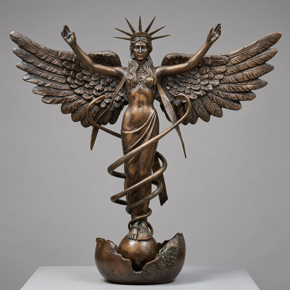 Bronze statue of a winged figure holding a snake and caduceus on a gray background
Metallic ascension figure with large wings and spiral ribbon on a spherical base
