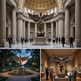 Collage of a large statue in a grand building, outdoors, and in a museum setting.
Abstract bronze sculpture of a woman emerging from a cracked sphere