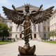 Bronze statue of a winged figure with a snake and caduceus in front of a classical building
Bronze sculpture featuring a crowned woman rising above a fractured globe