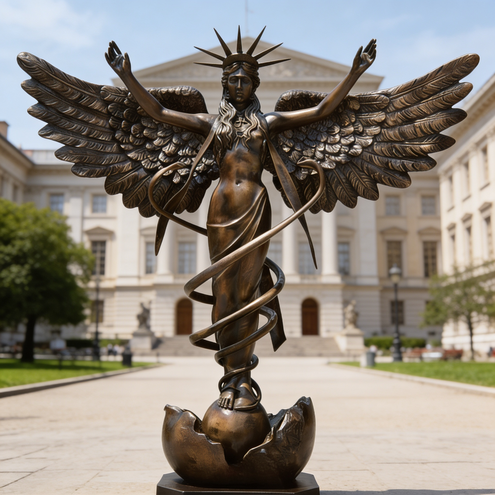 Bronze statue of a winged figure with a snake and caduceus in front of a classical building
Bronze sculpture featuring a crowned woman rising above a fractured globe