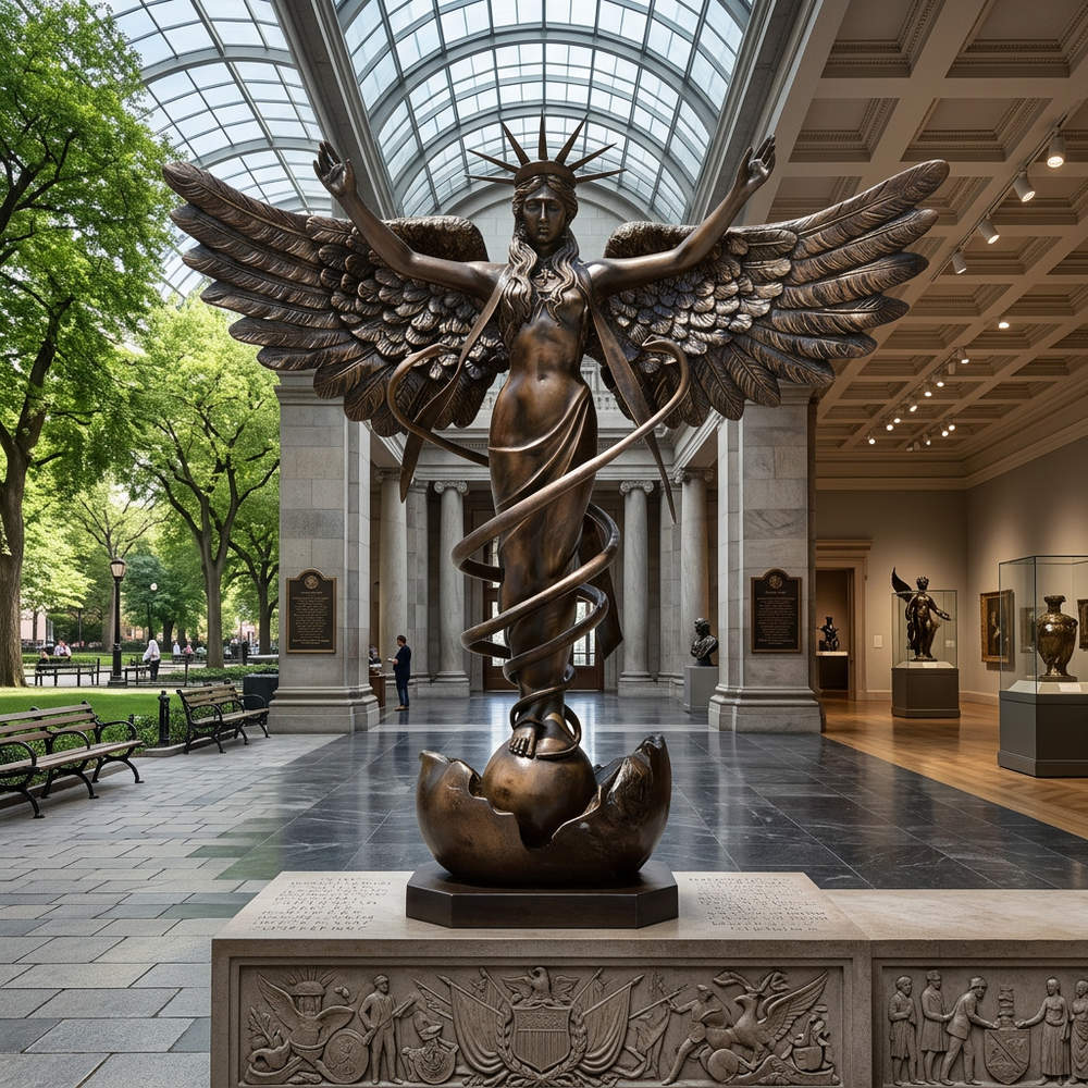 Bronze statue of a winged figure in a museum setting with greenery 
outside
Bronze sculpture featuring a crowned woman rising above a fractured globe