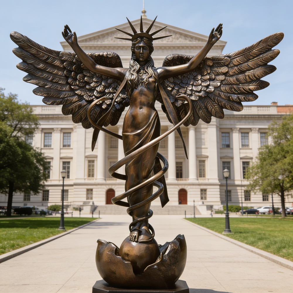 Bronze statue of an angel with wings spread in front of a large building
Dynamic winged statue with spiral ribbon and cracked spherical base.