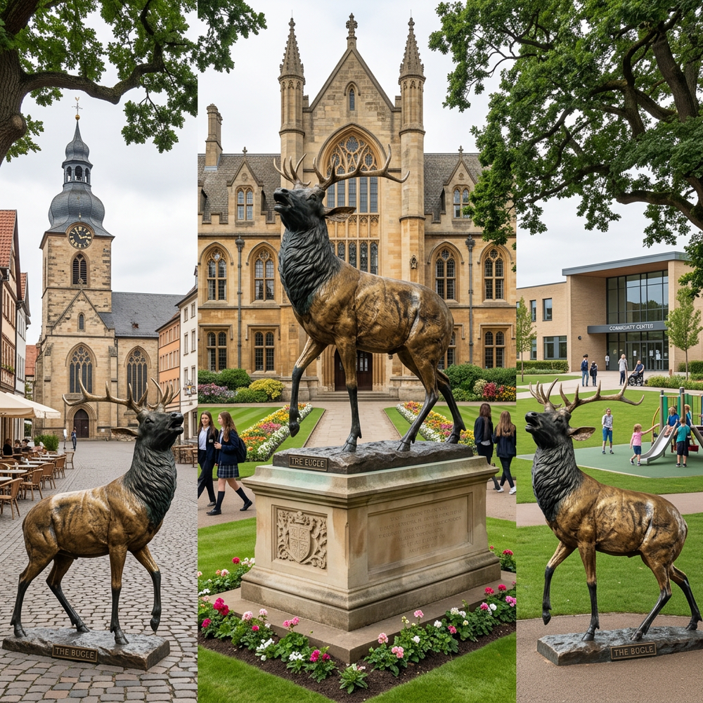 Wildlife bronze sculpture of a calling stag with prominent antlers and dynamic body stance.