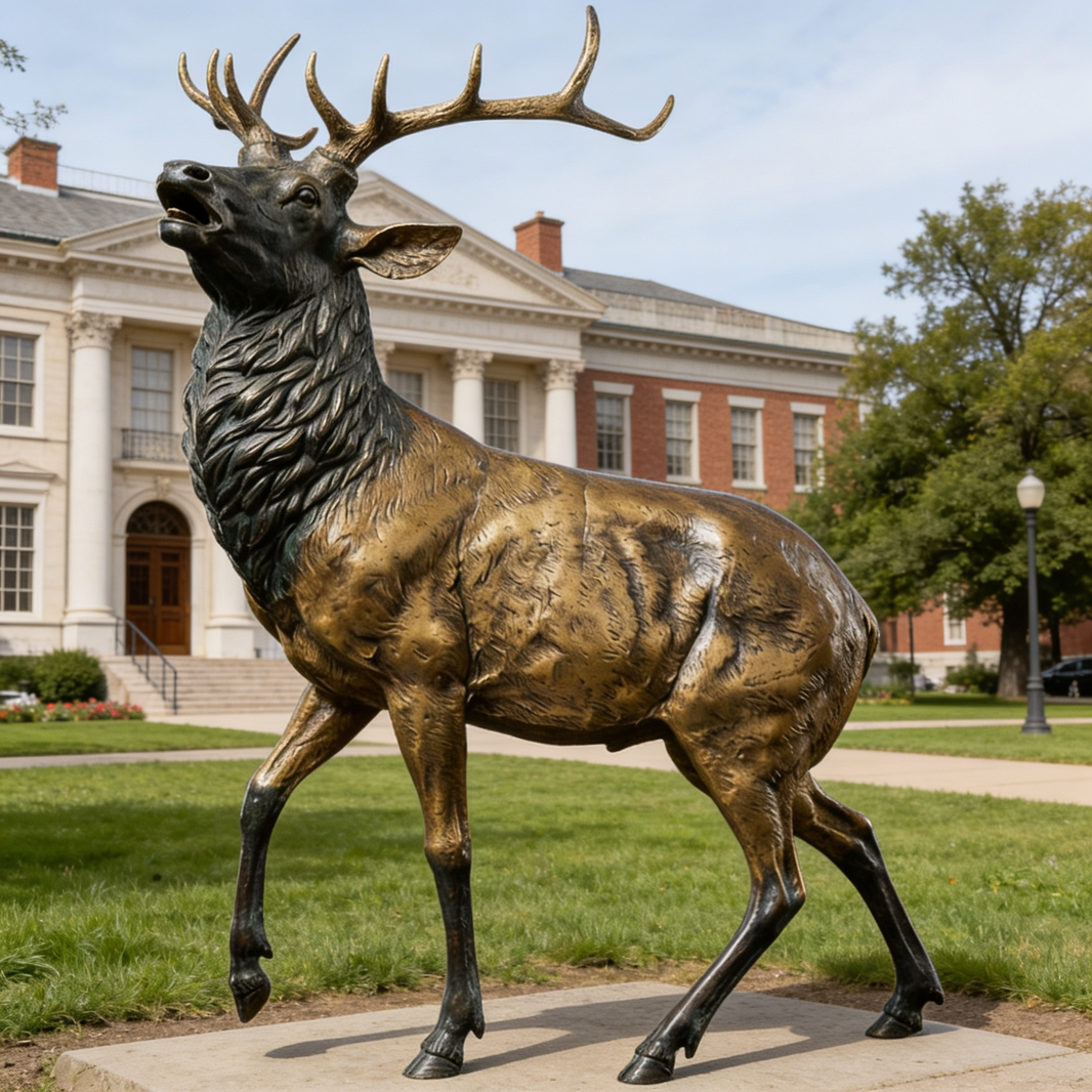 Realistic bronze stag statue featuring textured fur, strong musculature, and expressive posture