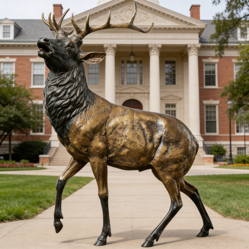 Sculpted bronze stag with lifted head and open mouth, emphasizing strength and realism.
