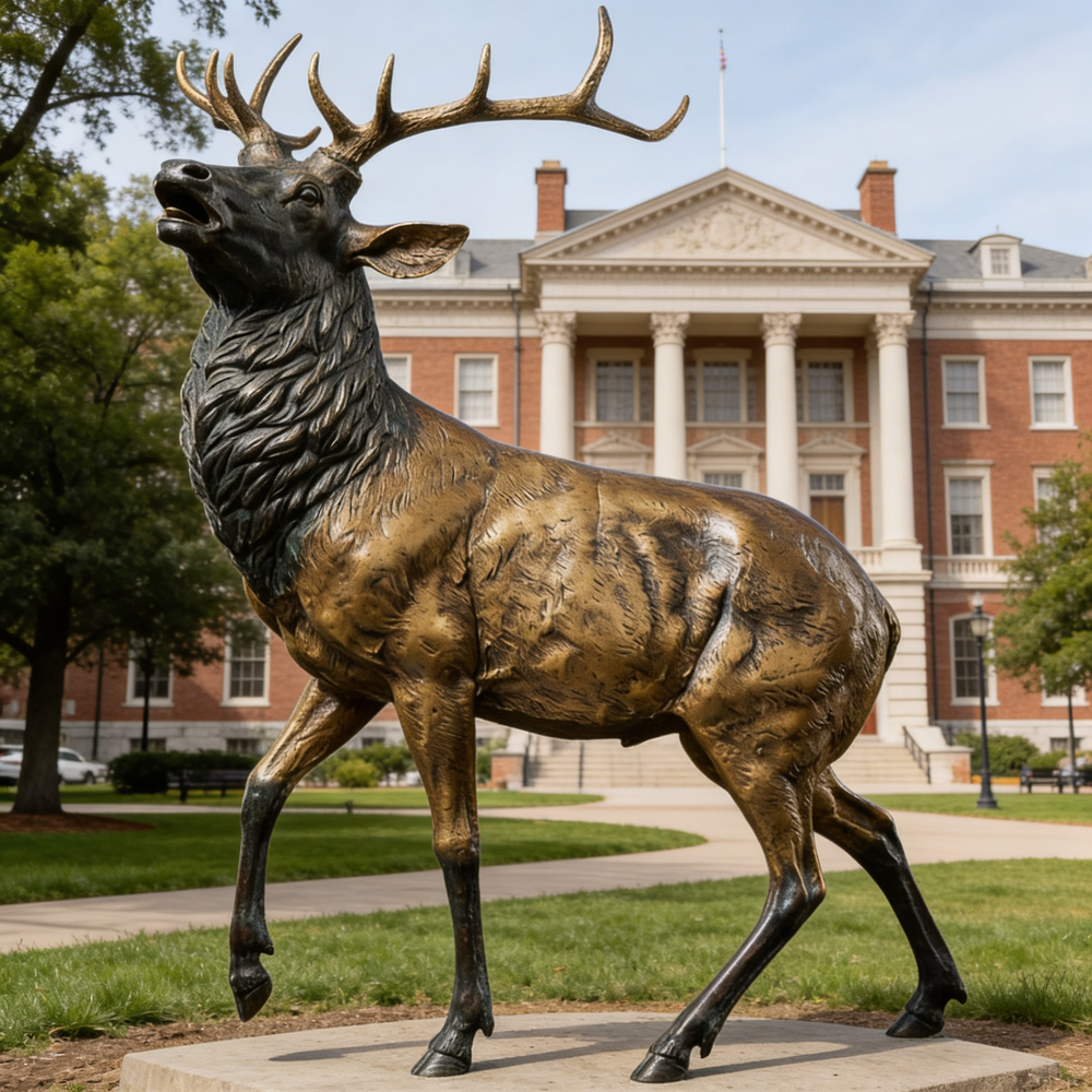Dynamic bronze stag figure with raised neck, textured coat, and expressive wildlife movement