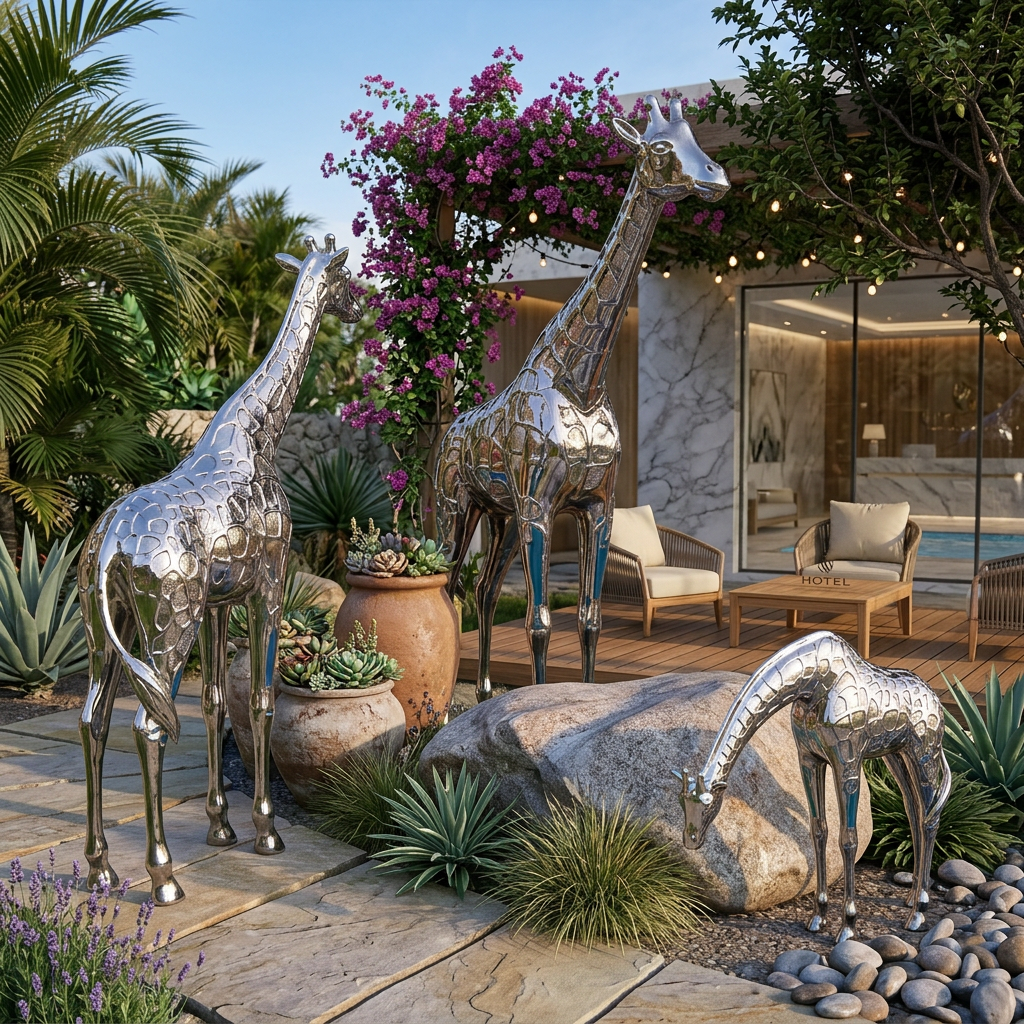 Decorative metal giraffes and elephants in a garden setting with plants and a building in the background.
Reflective metallic giraffe statues featuring stylized spot patterns.