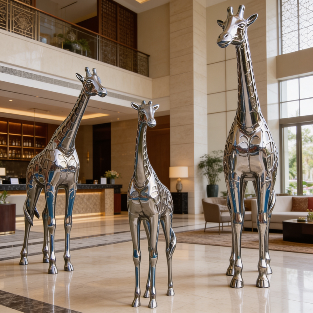 Three metallic giraffe sculptures in a hotel lobby.
Polished metal giraffe sculpture set with tall, medium, and small figures