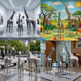 A collage of metal giraffe sculptures in various settings, including a gallery, playground, park, and office.
Reflective metallic giraffe statues featuring stylized spot patterns