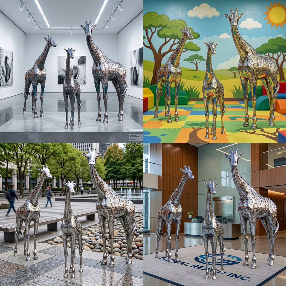 A collage of metal giraffe sculptures in various settings, including a gallery, playground, park, and office.
Reflective metallic giraffe statues featuring stylized spot patterns