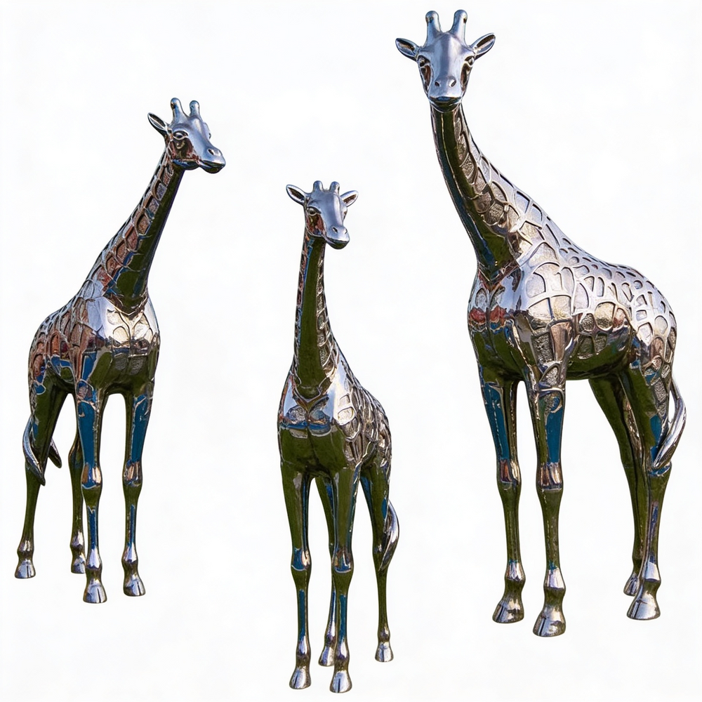 Three metallic giraffe sculptures on a white background
Polished metal giraffe sculpture set with tall, medium, and small figures