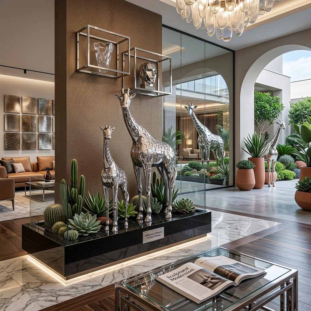 Modern interior with decorative giraffe statues, plants, and a chandelier.
Modern metal giraffe sculptures in three different heights