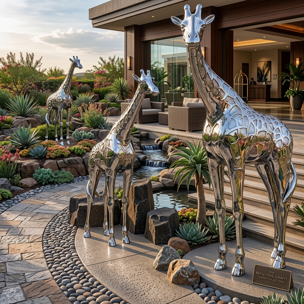 Metallic giraffe sculptures in a landscaped garden setting with a building in the background.
Shiny giraffe artwork set with realistic proportions and polished finish