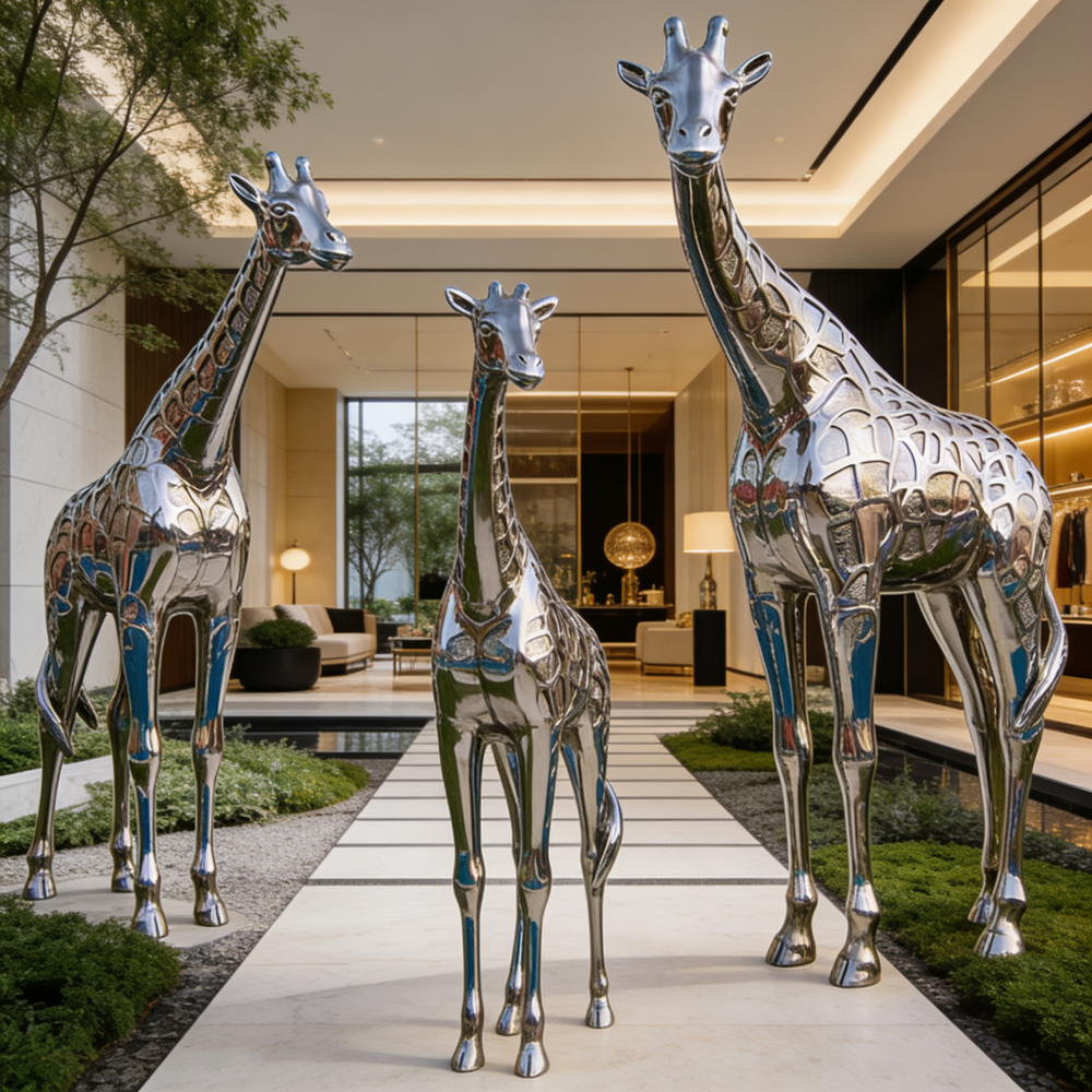 Three metallic giraffe sculptures in a modern indoor setting with a building and interior decor in the background.
Metallic giraffe trio with reflective surfaces and detailed patterns.