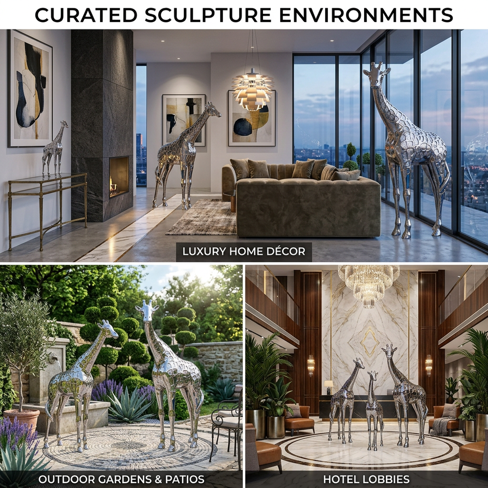 A collage of luxury home decor with giraffe sculptures in various settings.
Contemporary metal giraffe statues in varying sizes