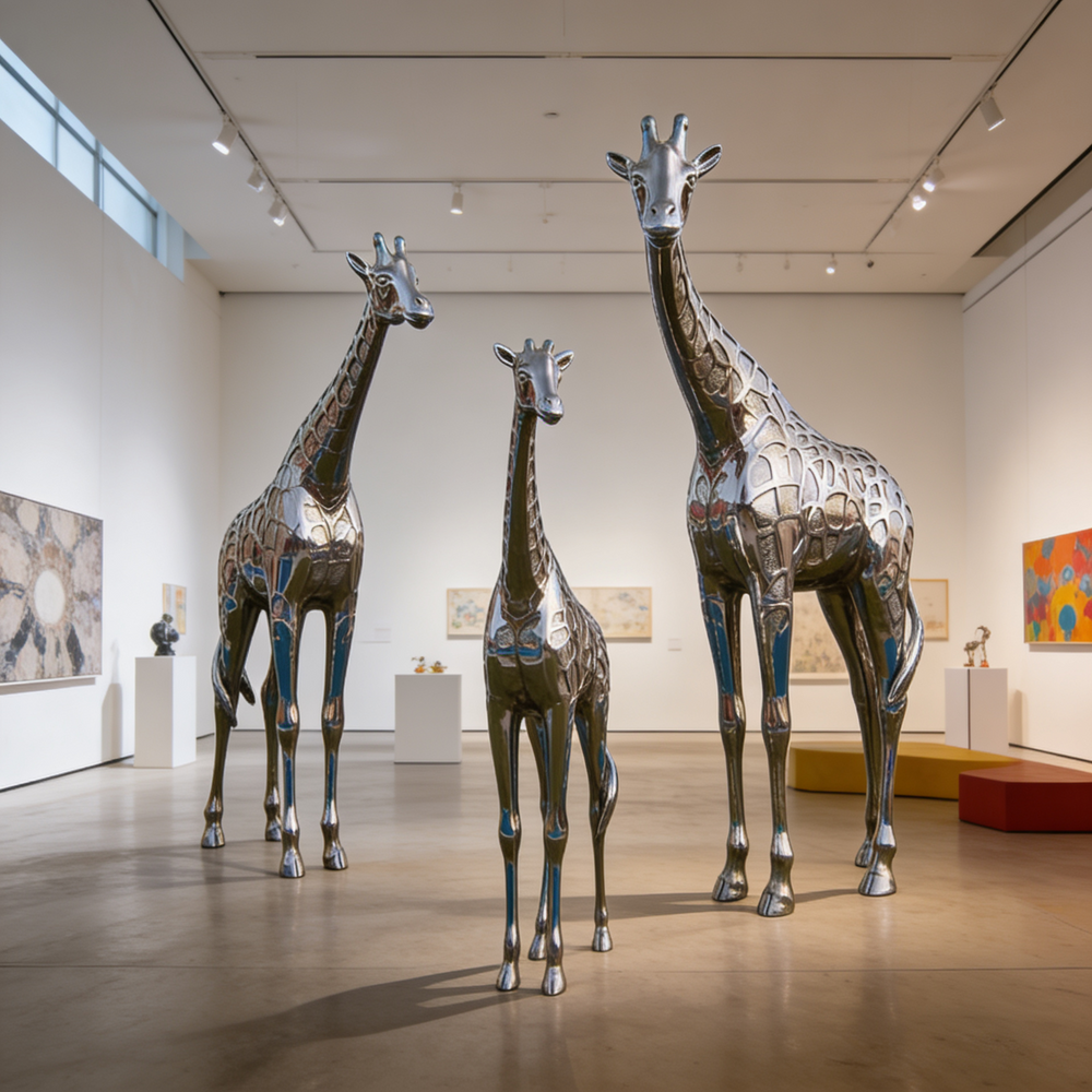Metallic giraffe sculptures in a gallery setting with artwork on the walls.
Decorative giraffe sculpture set featuring tall, medium, and small pieces