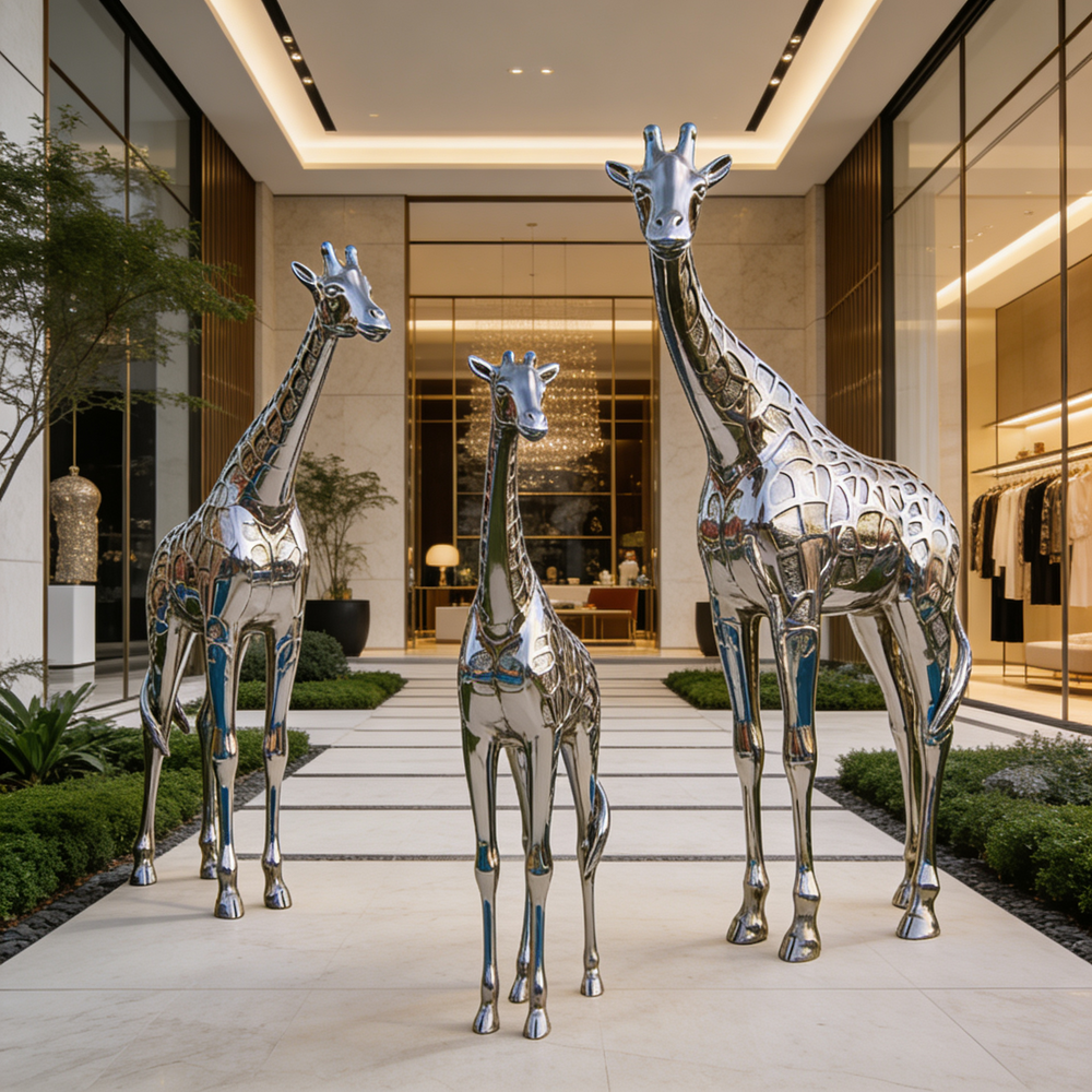 Three metallic giraffe sculptures in front of a modern building entrance.
Reflective metal giraffe artwork with stylized textures and smooth contours