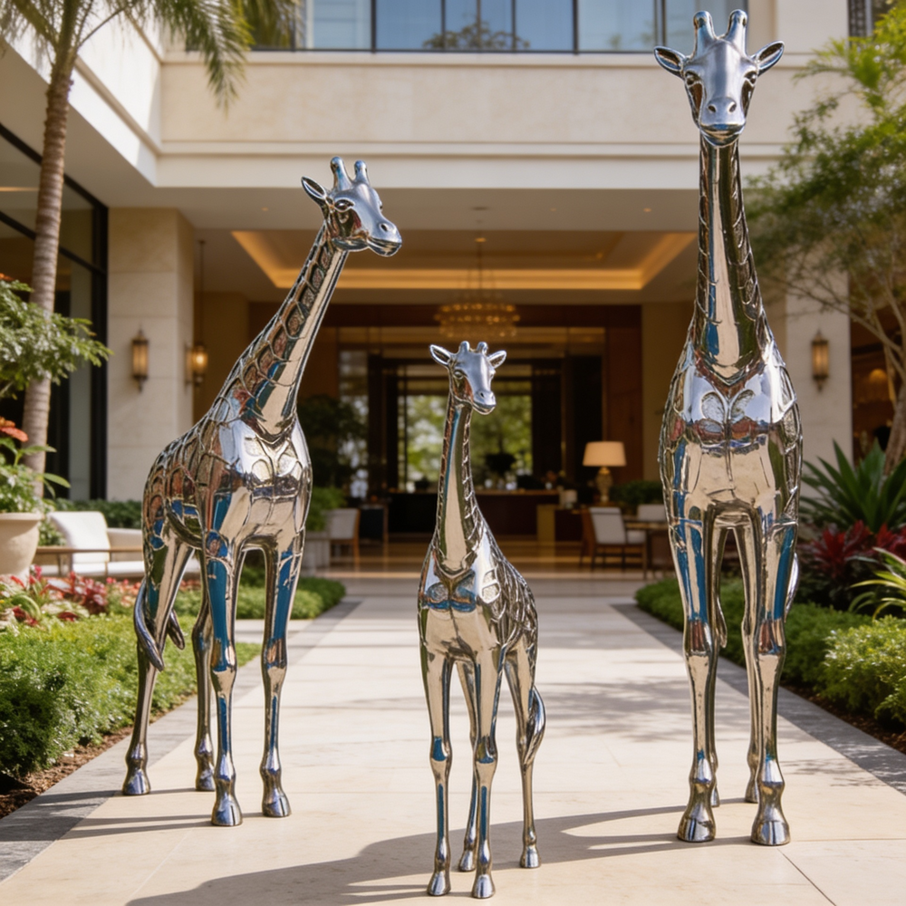 Three metallic giraffe sculptures in front of a building with a modern architectural design.
Metal giraffe sculptures arranged as a three‑piece decorative set