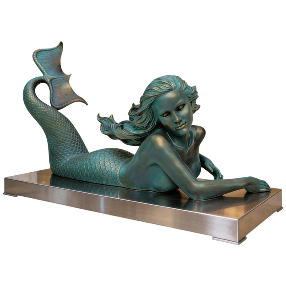 Bronze statue of a mermaid on a white background