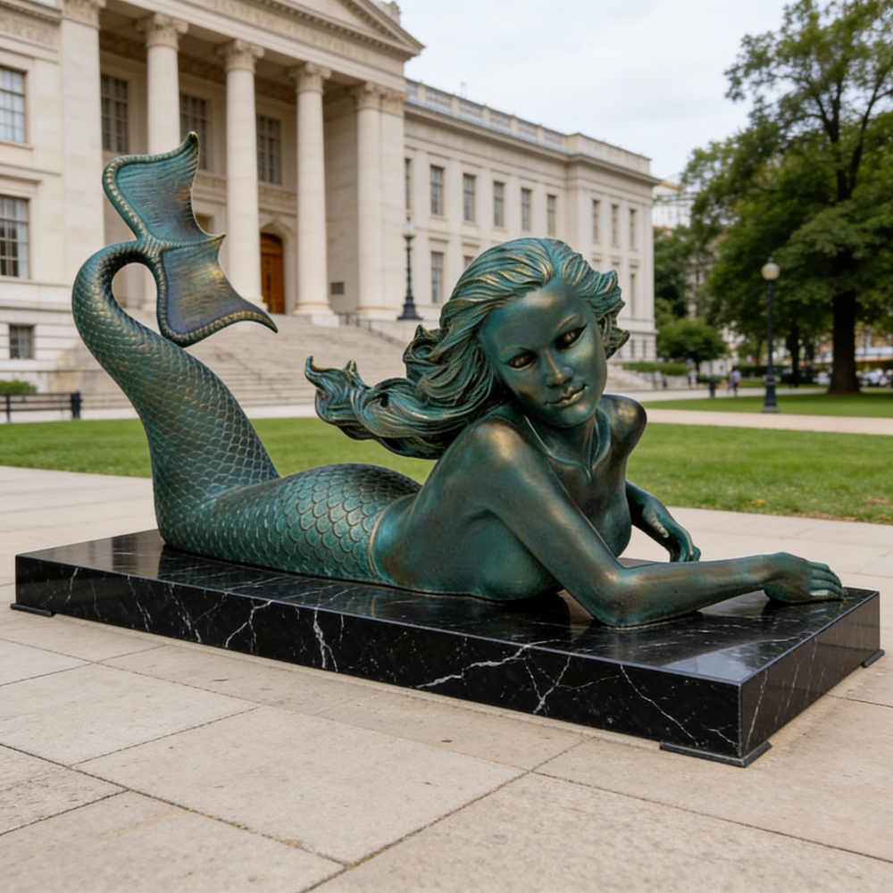 Bronze mermaid statue in front of a classical building
